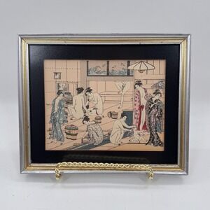Vintage Japanese Bathhouse Scene Ink Print Framed Ukiyo-e Style 10x8